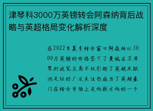 津琴科3000万英镑转会阿森纳背后战略与英超格局变化解析深度